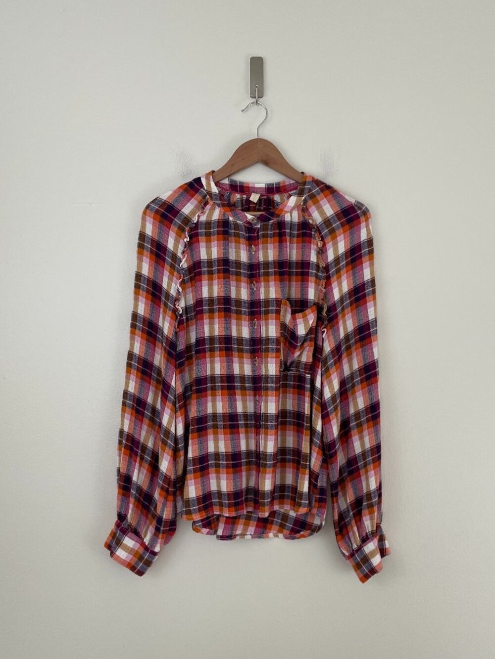 Anthropologie Pilcro Plaid Ruffled Button Down Top in Multi Size Large